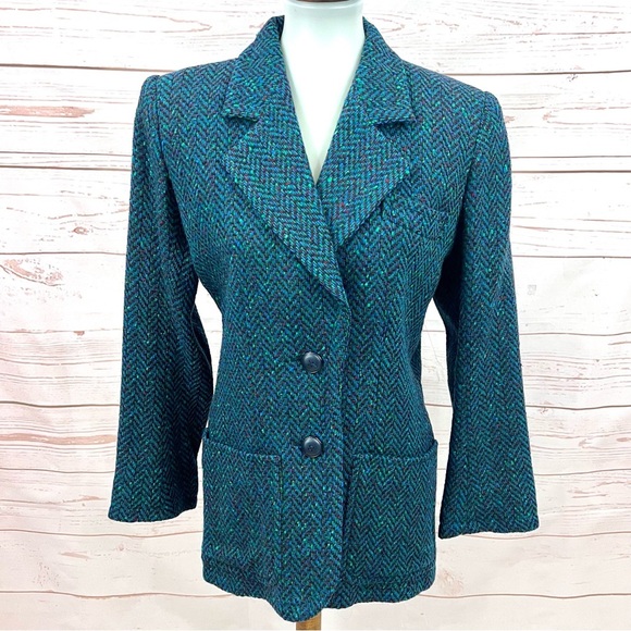 Vintage 80s 90s Saint Laurent Rive Gauche Teal Confetti Tweed Herringbone Blazer - Picture 2 of 11